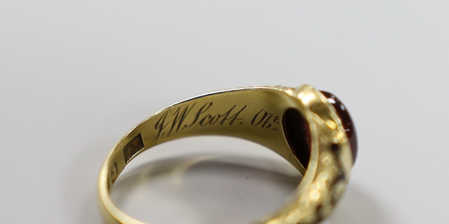 A Victorian 18ct gold, cabochon garnet and black enamel set memorial ring, the shank interior inscribed 'J W Scott obt. 26th Jan, 1851 at 41', size J, gross weight 2.8 grams.
